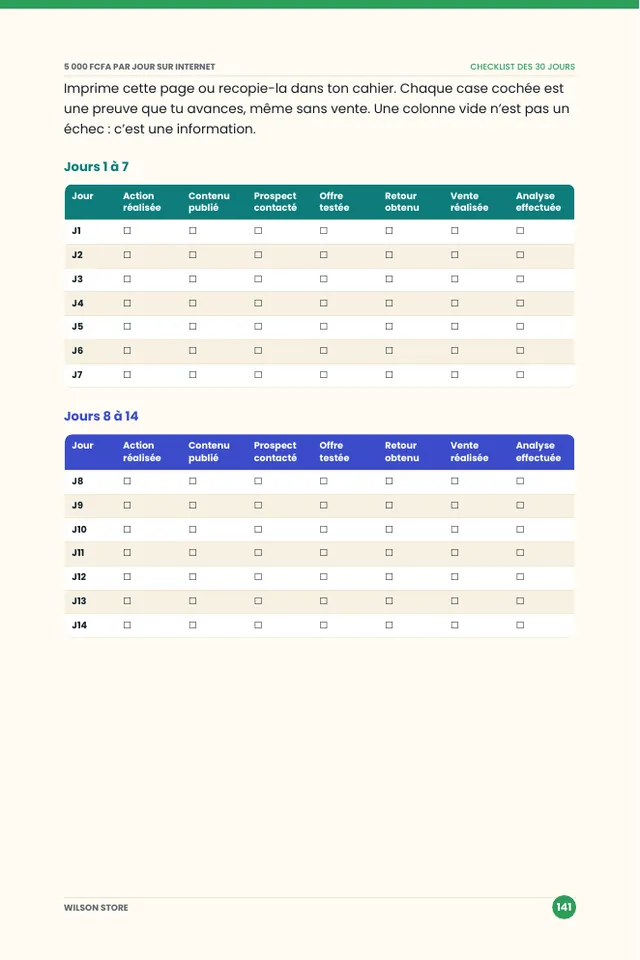 Bonus 6 : page de la checklist imprimable des 30 jours
