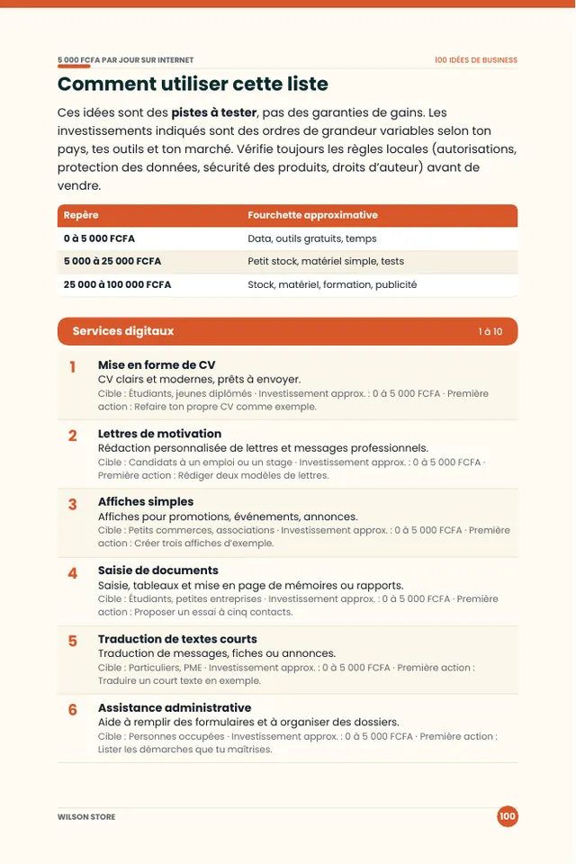 Bonus 1 : page de la liste des 100 idées de business