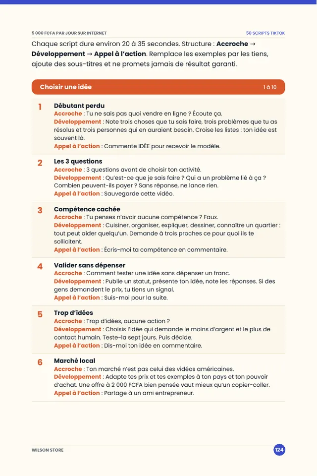 Bonus 4 : page des scripts TikTok avec accroche, développement et appel à l'action