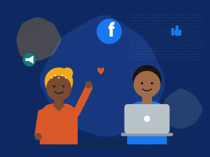 Illustration : deux entrepreneurs gèrent leur page Facebook sur ordinateur