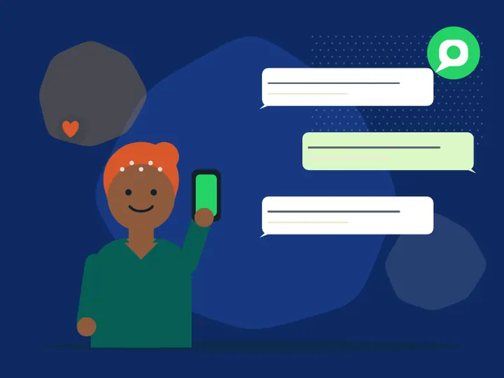 Illustration : une entrepreneuse échange avec un client sur WhatsApp